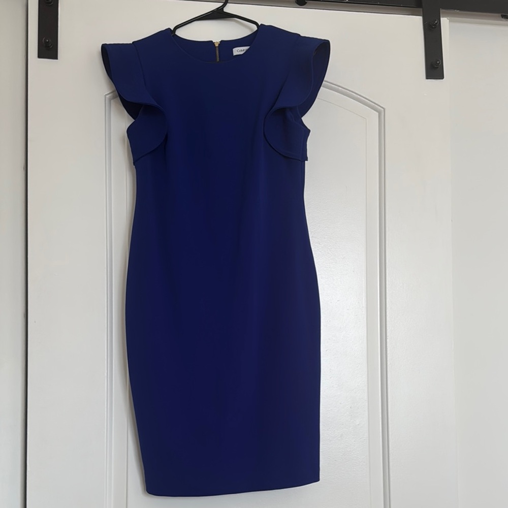 Calvin Klien Elegant Blue Ruffle Sleeve Dress